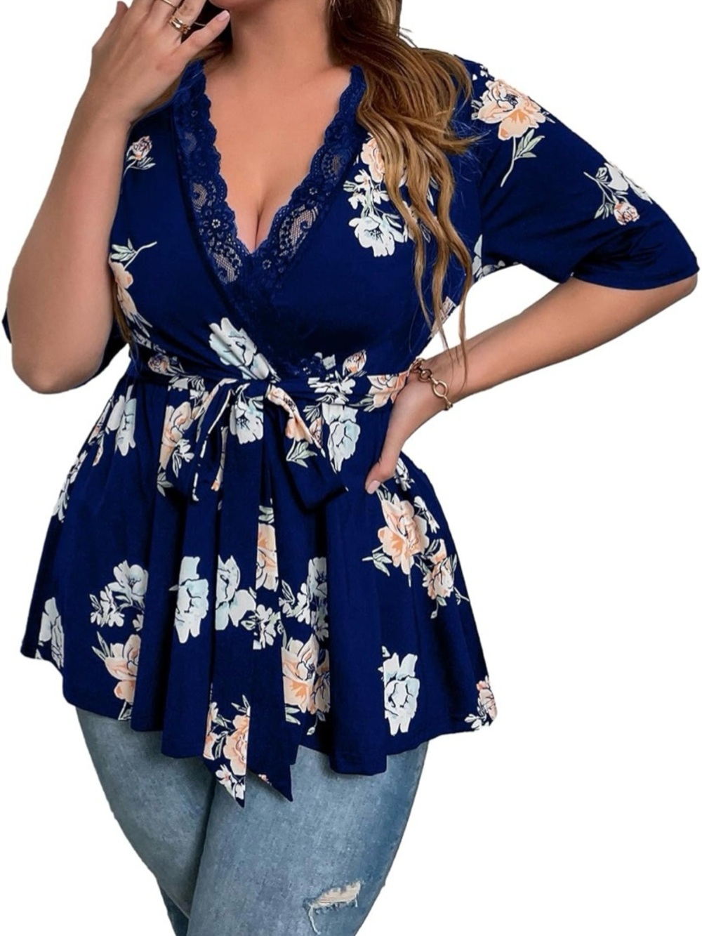 Floral Lace-Trim Tie-Waist Peplum Tunic - Navy